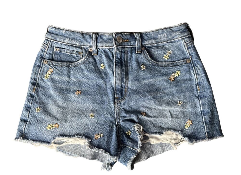 American Eagle Womens Embroidered Daisy Denim Shorts High Rise Distressed Size 4